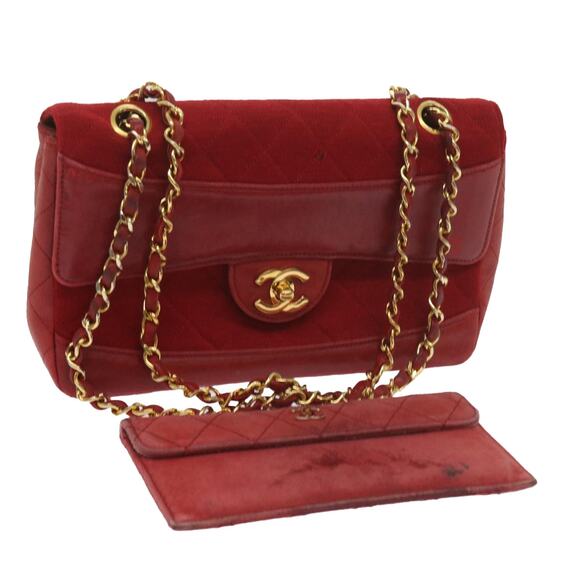 CHANEL Matelasse Chain Shoulder Bag Canvas Red CC - Picture 1 of 16